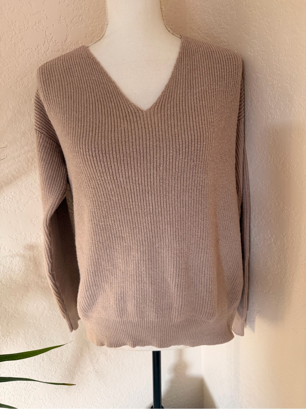 Women’s V-Neck Wool Blend Sweater in Beige